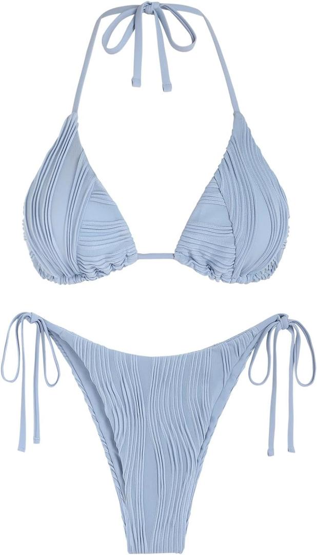 ZAFUL Bikini Sets for Women Halter Two Piece Swimsuit Ribbed High Cut Tie Side Thong Bathing Suit Sexy Padded Swimwear (Medium, Light Blue) ZAFUL Bikini Sets for Women Halter Two Piece Swimsuit Ribbed High Cut Tie Side Thong Bathing Suit Sexy Padded Swimwear (Medium, Light Blue)