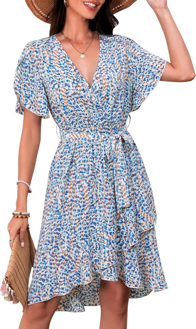 Womens Wrap V Neck Short Sleeve Dress 2025 Summer Floral Boho Dress Ruffle A Line Flowy High Low Midi Dresses (Blue, XL)