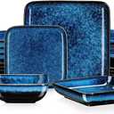 vancasso Stern Blue Dinnerware Set Square Tableware 16 Pieces Kitchen Dinnerware Stoneware Crockery Set with Dinner Plate, Dessert Plate, Bowl and Soup Plate Service for 4
