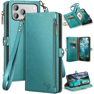 XcaseBar Compatible with iPhone 17 Pro 6.3" Wallet case with Zipper Credit Card Holder RFID Blocking,Flip Folio Book PU Leather Phone case Shockproof Cover Women Men for Apple 17 Pro case Blue Green