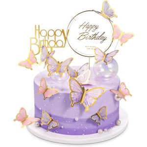 22-Pieces Butterfly Cake Decorations With Happy Birthday Acrylic Cake Toppers for Baby Shower Wedding Birthday Party Decor (Purple & Pink)