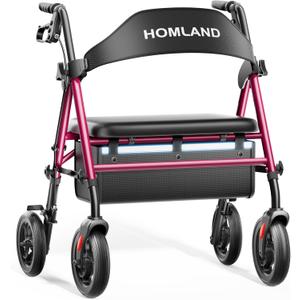 HOMLAND Bariatric Walkers for Seniors, 500lb Heavy Duty Rollator Walker with Extra Wide Padded Seat, 8 All Terrain Foldable Rolling Walker with Dual-Height Adjustable (Burgundy)