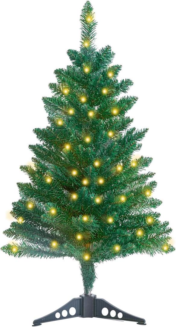 3FT Artificial Christmas Tree with Lights Lighted Green Tabletop Christmas Tree with Plastic Stand Light Up Battery Operated Xmas Pine Tree for Party Supplies Holiday Home Decoration