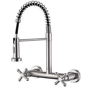 Wall Mount Kitchen Sink Faucet with Pull Out Sprayer Tow Function Commercial Spring Faucets 2 Industrial Handle High Arc Center Kitchen Faucets, Brushed Finish