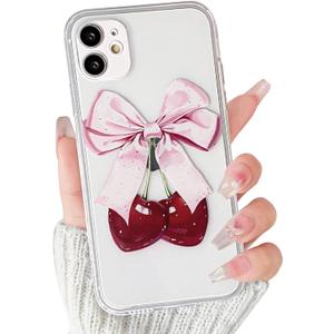 Lovmooful Compatible for iPhone 12 Case Cute Clear Cherry Bowknot with Aesthetic Design for Girls Women Soft TPU Shockproof Protective Girly for iPhone 12 Case-Love Bow
