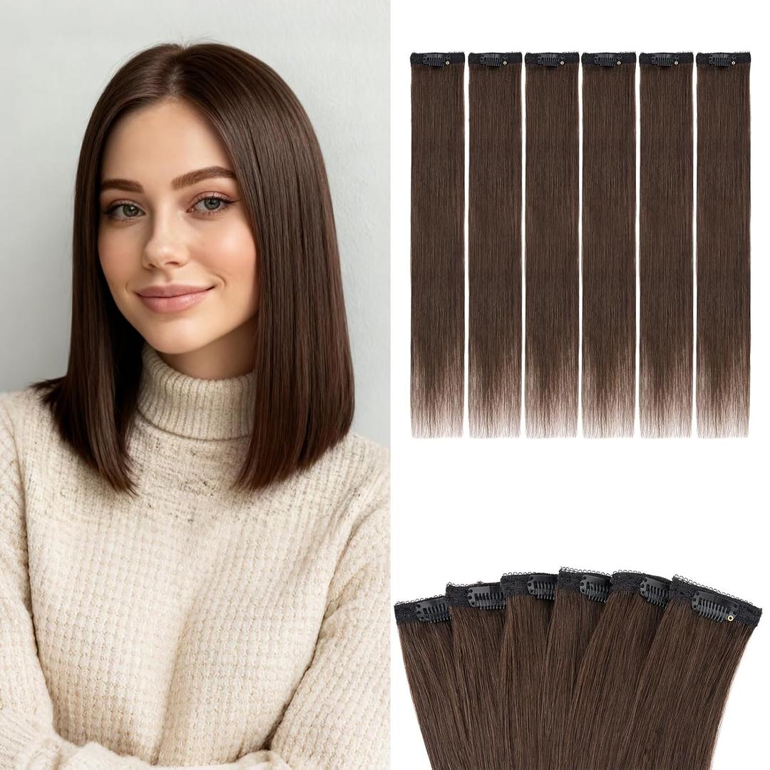 Benehair 6 PCS Clip in Short Hair Extensions 100% Real Human Hair Seamless & Invisible for Women Instant Volume Highlight Length for Daily Use 10" Dark Brown