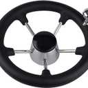 Boat Steering Wheel, 11 inch Stainless Steel Marine Steering Wheel Adapter Fit 3/4" Tapered Shaft, 5 Spoke Black PU Foam Anti-Slip, Destroyer Style with Control Knob for Boats, Yachts, Pontoon Boats
