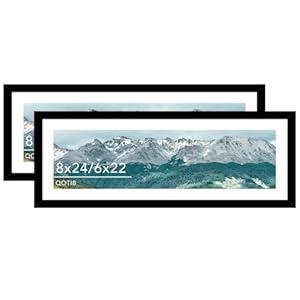 QOTIB Wood 8x24 Picture Frame with 6x22 Mat, Display 6x22 with Mat or 8x24 Without Mat, Wood 8 by 24 Photo Frame, 8 x 24 Frame for Wall Hanging Display, Black, 2 Pack