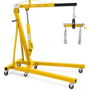 2 Ton Folding Hydraulic Engine Hoist with Lever, Folding Engine Shop Crane Hoist Lift, Heavy Cherry Picker with 6 Wheels for Garage, Workshop,Gold