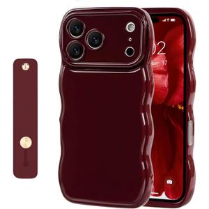 NITITOP Compatible for iPhone 17 Pro Max Case Cute Simple Wave Design Stylish Wavy Curly Frame with Wrist Adjustable Hand Strap Kickstand Grip Holder Soft Silicone Protective Cover - Wine Red