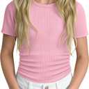 Girls' Ribbed Knit T-Shirt Short Sleeve Crew Neck Top Soft Slim Fit Shirt Kids Casual Basic Tee Summer 5-14 Years (Pink)