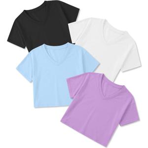 4 Pack Girls Crop Tops Teens Athletic Workout Tees Summer Loose Fit V Neck Short Sleeve T Shirts for Kids Ages 5-14