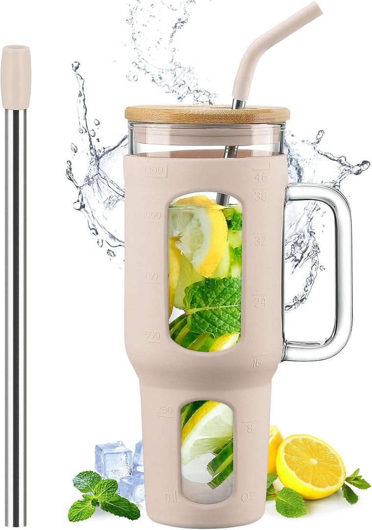 Glass Tumbler with Lid and Straw, 46 oz Iced Coffee Cup with Handle, Large Water Bottles with Silicone Sleeve, Glass Cup with Straws - Pearl Straw & Drinking Straw BPA Free-Amber