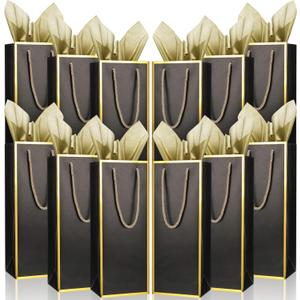 TaoBary 50 Pcs Gift Bags and Gold Wrapping Paper Set Bags for Bottle Bulk 4 x 5 x 13 Inch Champagne Gift Paper Sack with Handles for Christmas Appreciation Wedding Anniversary(black,30 Pcs)