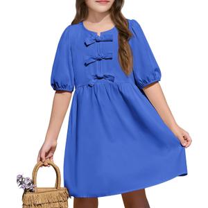 Yousify Girls Summer Dresses Cute Toddler Puff Short Sleeve Dresses A-Lined Flowy Trendy Bow tie Mini Dress Kids Outfits (13-14 Years)