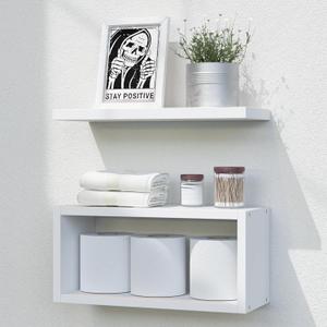 RICHER HOUSE Floating Shelves Bathroom, White Floating Shelves for Wall, Above Toilet Bathroom Shelves, Wall Mounted Hanging Shelves for Bedroom, Kitchen, Living Room Decor - White (1+1)