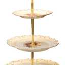 YOLIFE Flowering Shrubs 3 Tiered Cupcake Stand, Emboss Golden Leaves Edge Tea Party Pastry Tower, 6-8-10 inch