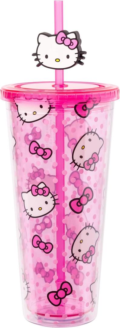 Silver Buffalo Sanrio Hello Kitty Plastic Cold Cup with Lid and Straw Topper, 24 Ounces