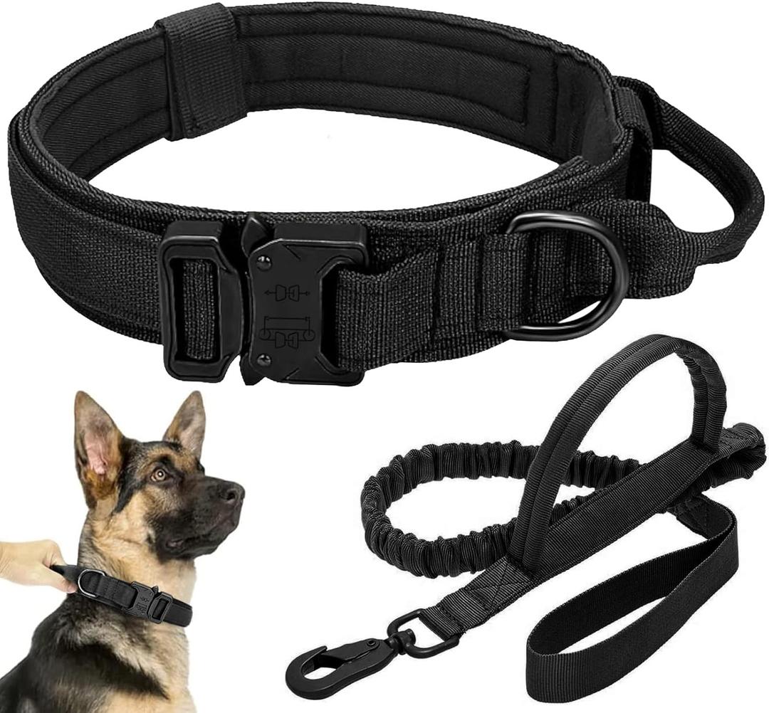 Tactical Dog Collar Leash Set, Adjustable Military Training Nylon Collar Dog Training with Control Handleand Metal Buckle, Dog Collar for Medium Large Dogs (Black,XL)