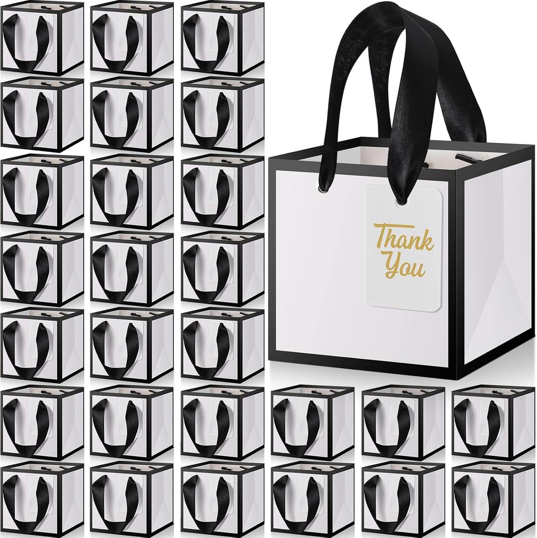 Kolldenn 100 Pcs Small Gift Bags with Handles Metallic Paper Square Valentine's Day Gift Bags Bulk with DIY Blank Thank You Tags for Wedding Birthday Party Favor (4 x 4 x 4 Inches, White)