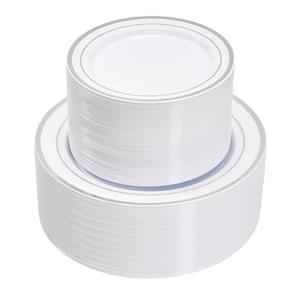 Fijinhom 100PCS Silver Plastic Plates, Disposable Plates with 50PCS 10" Dinner Plates & 50PCS 7" Dessert Plates for 50 Guests, Plastic Party Plates for Wedding, Birthday, Silver