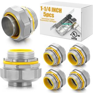 Gisafai 5 Pcs Liquid Tight Connector Straight Insulated Zinc Die Cast Metal Tight Electrical Conduit Fittings for 1-1/4 Inch Flexible and Type B Flexible