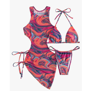 3 Piece Swimsuits for Women Padded Floral Print String Bikini Sets Bathing Suit Set Sexy Cutout High Neck Mesh Beach Cover Up S