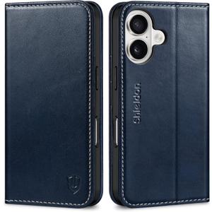 SHIELDON Real Leather Wallet Case for iPhone 17 6.3-inch 2025 | Magnetic Closure | RFID Blocking Card Slot | Kickstand | Shock-Absorbent | Soft Interior Phone Cover | Retro Dark Blue