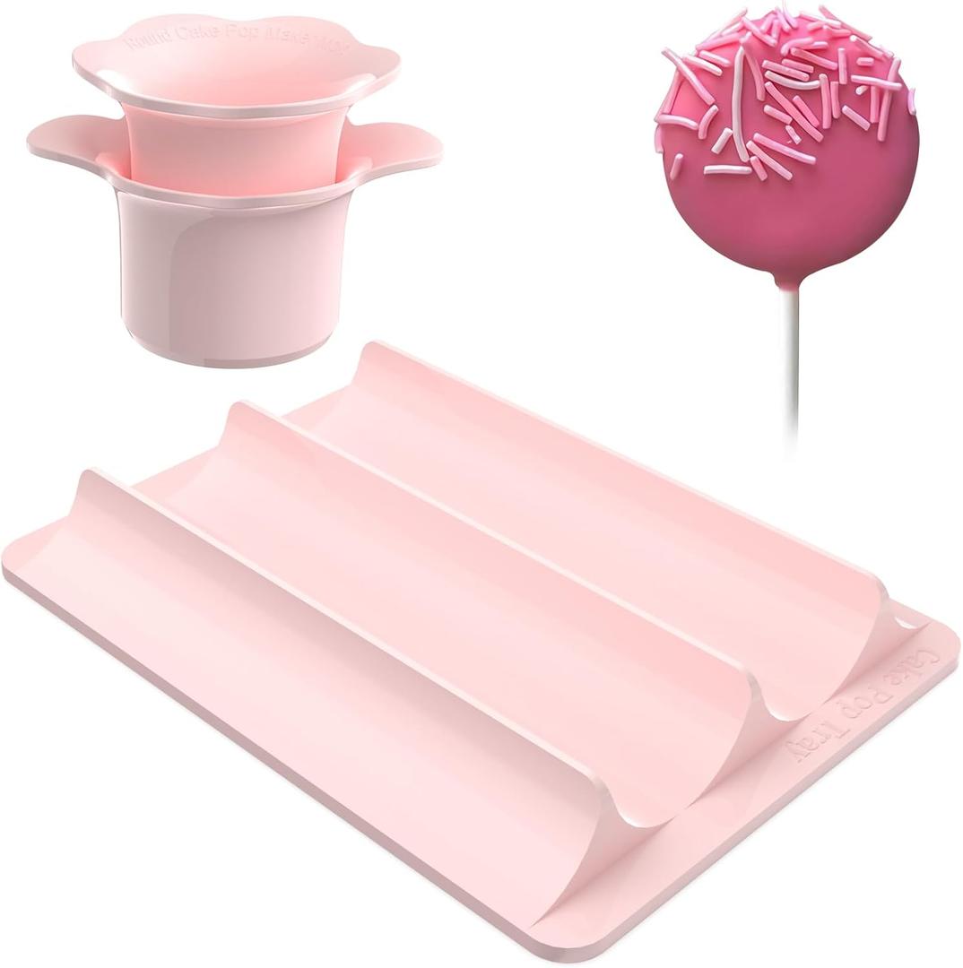 Cake Pop Cutter and Pusher with Tray - Circle Cake Pop Mold Set | Smooth & Easy-Clean Surface (Pink-Cutter & Tray Set)