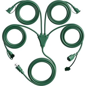 Eversimpleinc 1 to 4 Splitter Extension Cord (Combined 31 FT, End to End 13 FT), 3 Prong Plug with 4 Extended Outlets, with Weatherproof Covers for Indoor (Green)