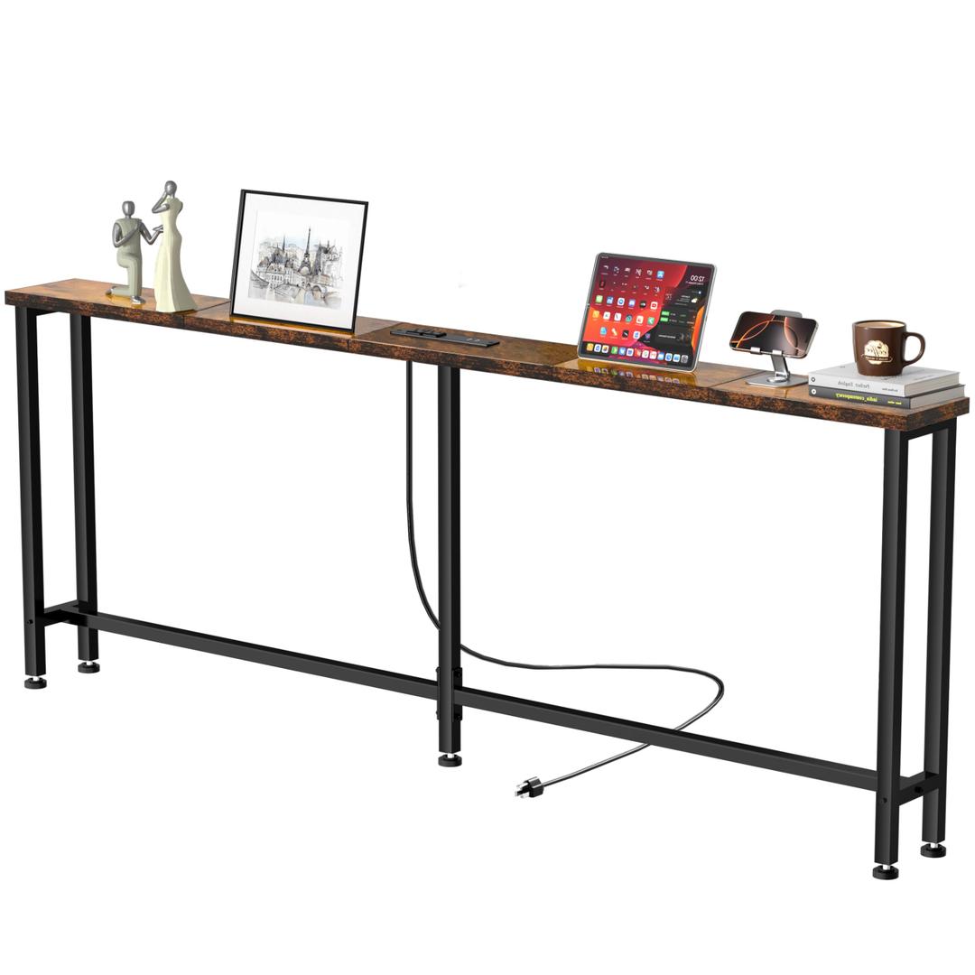 GRLEAF 63" Narrow Console Sofa Table with Built-in Power Strip (2 AC Outlets & 2 USB Ports) – 4.9ft Power Cord, Metal Frame, Easy Assembly, Ideal for Behind Couch, Hallway, and Office | Rustic Brown