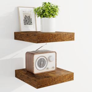 Marsmiles 6.7" Floating Shelves for Wall, Wooden Shelves with Invisible Brackets Set of 2, Rustic Farmhouse Wall Mounted Shelf for Kitchen Bathroom Living Room Study, Rustic Brown