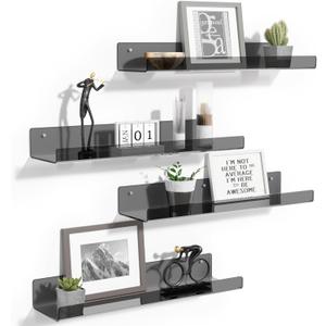 upsimples Acrylic Shelves for Wall Decor, 15" Display Shelf Perfume Organizer for Bathroom, Bedroom, Living Room, Floating Bookshelves for Kids, Clear Black, 4 Pack