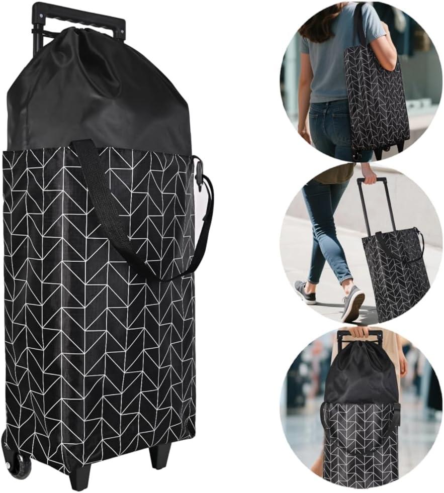 Small Collapsible Shopping Cart,Shopping Cart with Wheels,Folding Portable Bag,Waterproof Rolling Bag,Trolley Tote Stair Climbing for Traveling,Gift for Women&Older (Black&Expandable Bag)