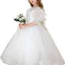 Flower Girl Dress for Wedding Lace First Communion Formal Dresses Kids Birthday Party Pageant Ball Gown (White, L)