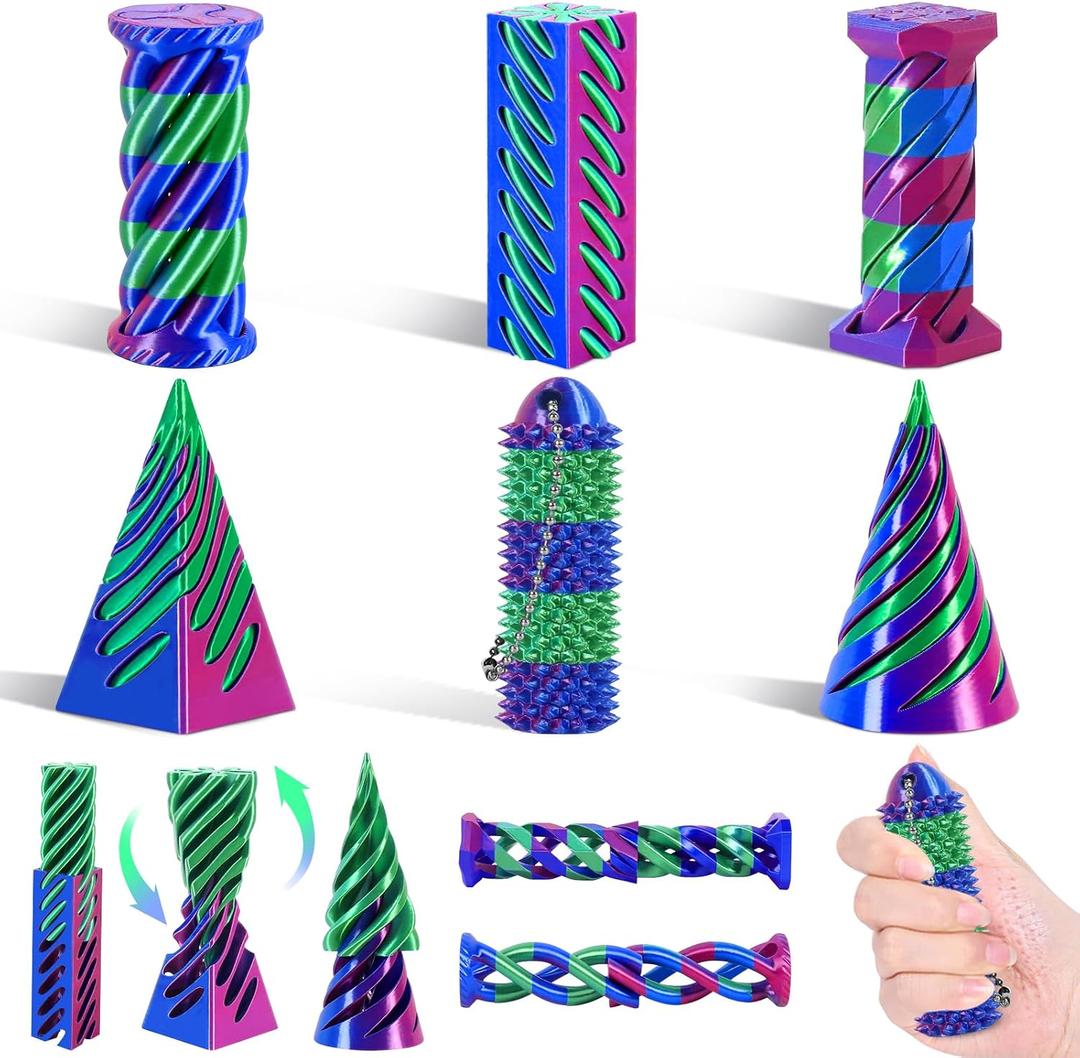 Spiral Cone Fidget Toy & Little Ouchies, 3D Printed Fidget Toys for Stress Relief Focus Tool, Impossible Cone Pyramid Passthrough Fidget Toy for Kids and Adults (Rose red Blue+Blue Green)
