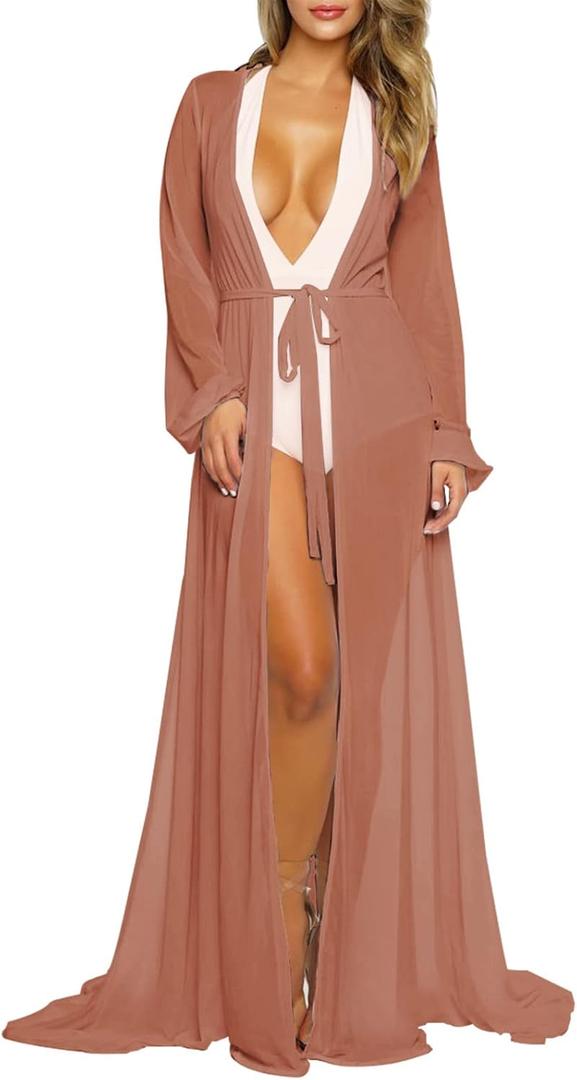Pink Queen Women's Long Sleeve Flowy Maxi Swimsuit Tie Front Robe Cover Up (Large, Coffee)