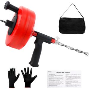 Drain Auger, Clog Remover with Drill Adapter, 50 Feet Flexible Plumbing Snake Use Manually or Powered for Kitchen,Bathrom and Shower Sink, Comes with Work Gloves and Storage Bag