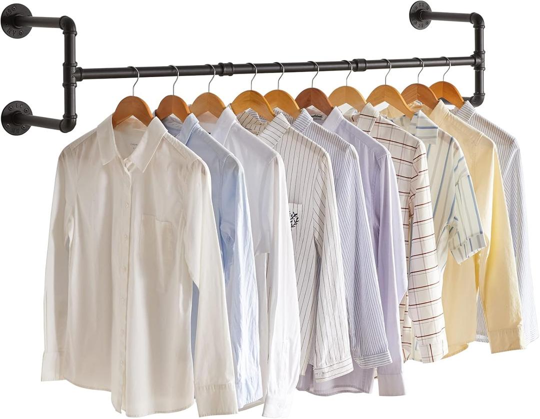 IBUYKE Industrial Pipe Clothes Rack, 50 Inch Wall Mounted Clothing Rack, Space-Saving Hanging Closet Rod, Heavy Duty Multi-Purpose Garment Rack for Closet and Laundry Room (4 Bases), Black TYJ002H