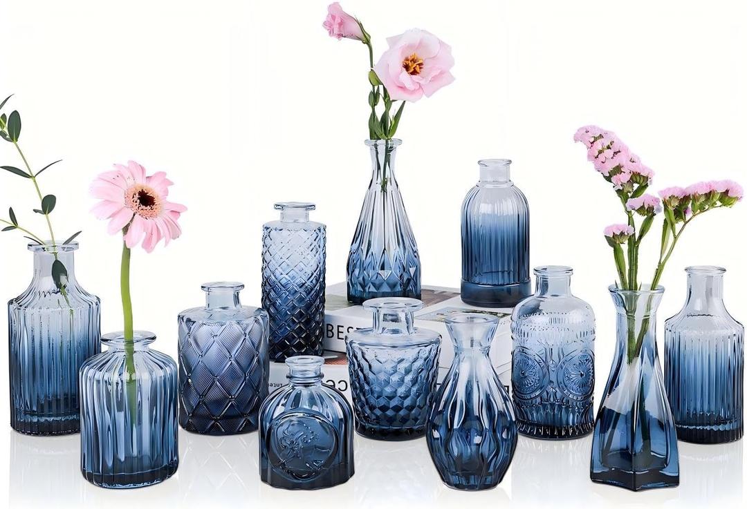 Navy Blue Glass Bud Vases Set of 12, Mini Flower Vase for Centerpieces, Small Glass Vases in Bulk for Wedding Decorations, Vintage Vase Bridal Shower, Party, Graduation, Home Table Dcor