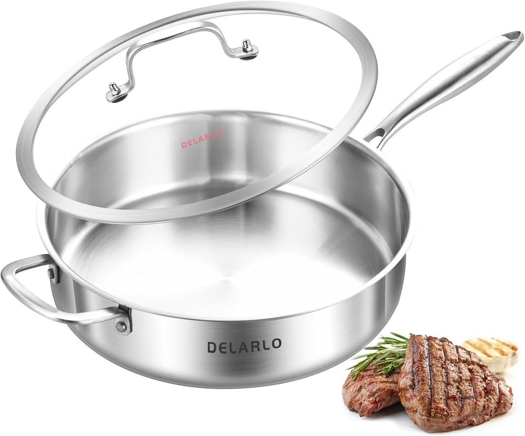 DELARLO Tri-Ply Stainless Steel Sauté Pan With Lid 5.5QT, 12.3Inch Deep Frying pan, Induction Large Skillet, Jumbo Cooker, Efficient Fast Even Heating Cooking Pan Dishwasher and Oven Safe