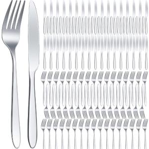Nuenen 100 Pieces Stainless Steel forks and knives Dinner Flatware Set Tableware Cutlery for Butter Kitchen Restaurant, Dishwasher Safe(Silver,8.4 Inches, 7.1 Inches)