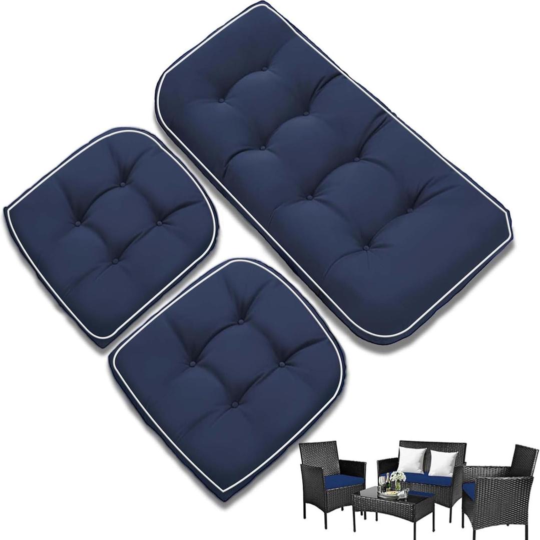 Waterproof Wicker Chair Cushions of 3 Pieces Piped Edges Premium Thick Cushions, All Weather Outdoor Loveseat Cushions for Patio Seat, 1 Loveseat and 2 U-Shaped Cushions, Blue