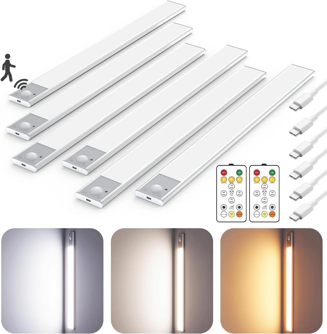 16" Ultra-Thin Under Cabinet Lighting Wireless, Aluminum Alloy Under Counter Lights for Kitchen, 3-Color-Temps Magnetic Closet Lights, Rechargeable Motion Sensor Light Indoor, (6 Pack, Silver)