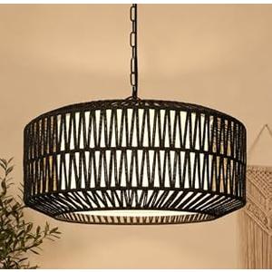 9"-52" Height Adjustable Farmhouse Chandelier Light Fixture, 5-Light Rattan Boho Chandeliers for Dining Room, Hand Woven Pendant Light with Linen Shade, Rustic Hanging Lighting for Kitchen Island