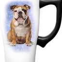 Spoontiques Bulldog Ceramic Travel Coffee Mug with Lid and Handle - Spill Proof Lid - Double Walled Mug for Hot and Cold Beverages - Microwave and Dishwasher Safe