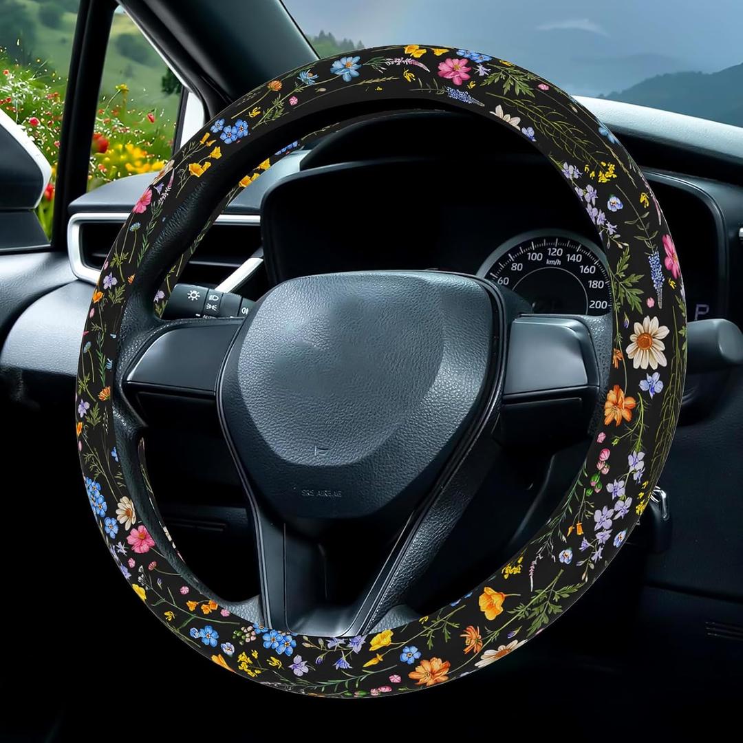Wildflower Car Steering Wheel Cover, Flower Car Accessory for Diverse Cars, Cute Floral Print Steering Wheel Cover Protector for Women, for Steering Wheel with a Diameter of 14.5"-15" (Wildflower)