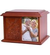 Double Companion Urn for 2 Adults Holds Up to 400 Cubic Inches Wooden Cremation Urn for Human Ashes with 4 x 6 Photo Frame Carved Cross Memorial Urn for Husband Wife Parents