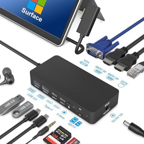Microsoft Surface Docking Station Triple Displays Dual HDMI+VGA, 12 in 1 Surface Dock for Surface Pro 11/10/9/8/X/7/6/5/4/3, Surface Laptop 6/5/4/3/2/1, Surface Laptop Go 3/2/1, Surface Book 3/2/1