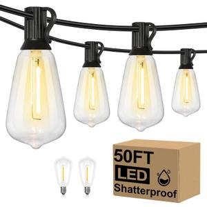 Brightever 50FT Outdoor String Lights Waterproof, 2700K Bright LED Patio Lights with 27 ST38 Shatterproof Vintage Bulbs, Retro Connectable Edison String Lights for Outside, Garden, Balcony, Porch (50FT-Warm White, Black Wire)